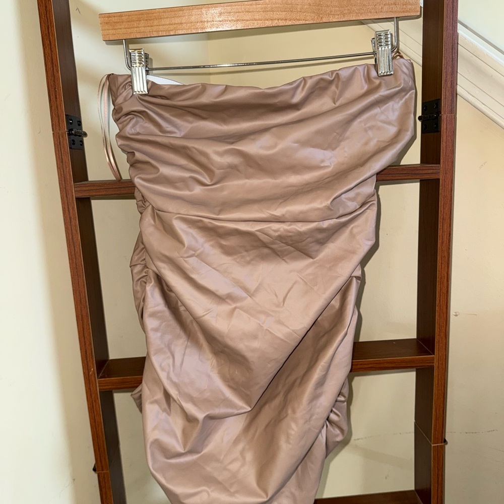 Fashion Nova Taupe Asymmetrical Ruched Midi Skirt